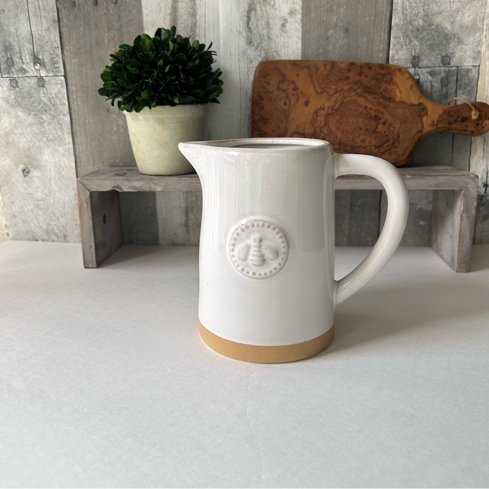 6” Teleflora 3D Cream Art Pottery Pitcher with Bumble Honey Bee Emblem